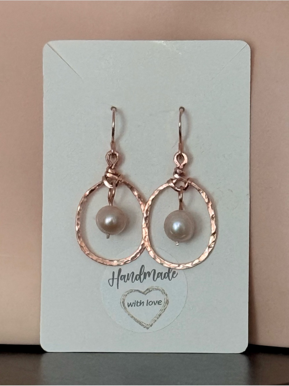 Handmade Rose Gold Textured Hoop Earrings with Pearl Drop Accent